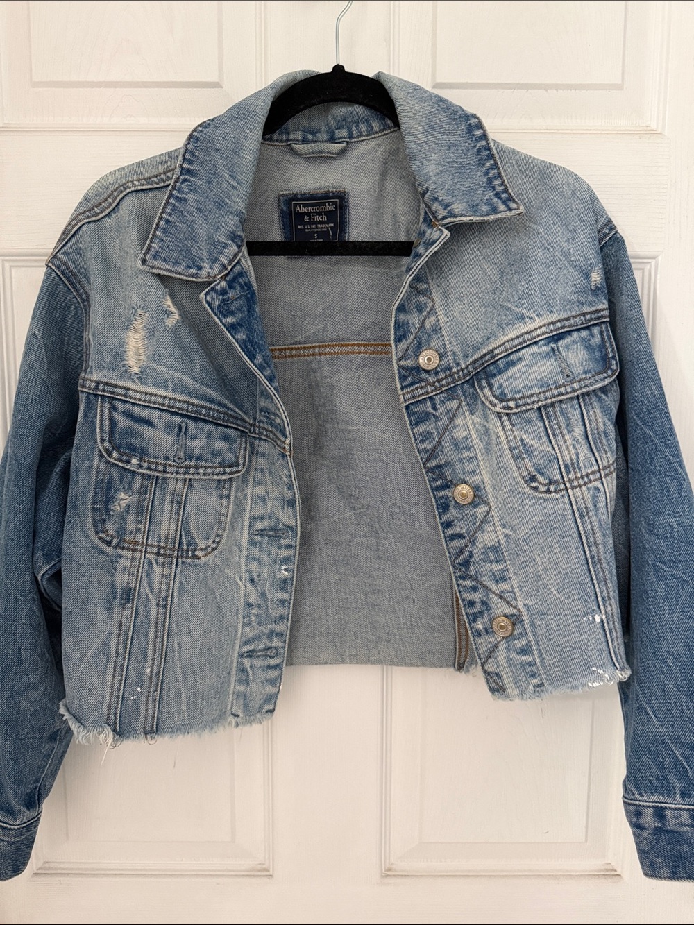 Abercrombie & Fitch Distressed Light Blue Denim Cropped Jacket